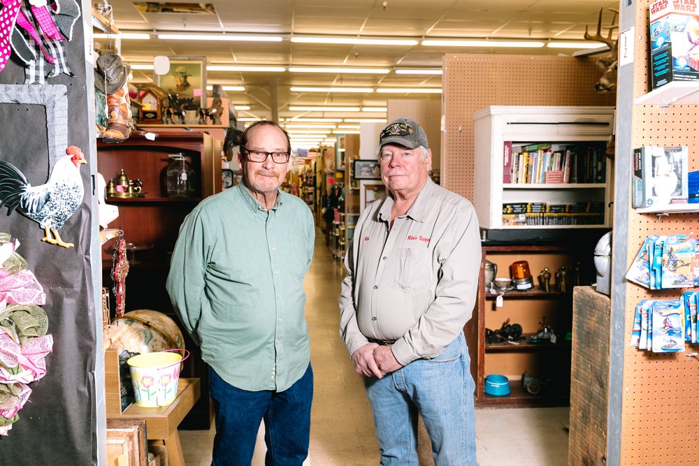 Richard "Red" Greene, left, and Mike Cook manage 250 vendors and 38,000 square feet of resale goods at Mikes Unique.
